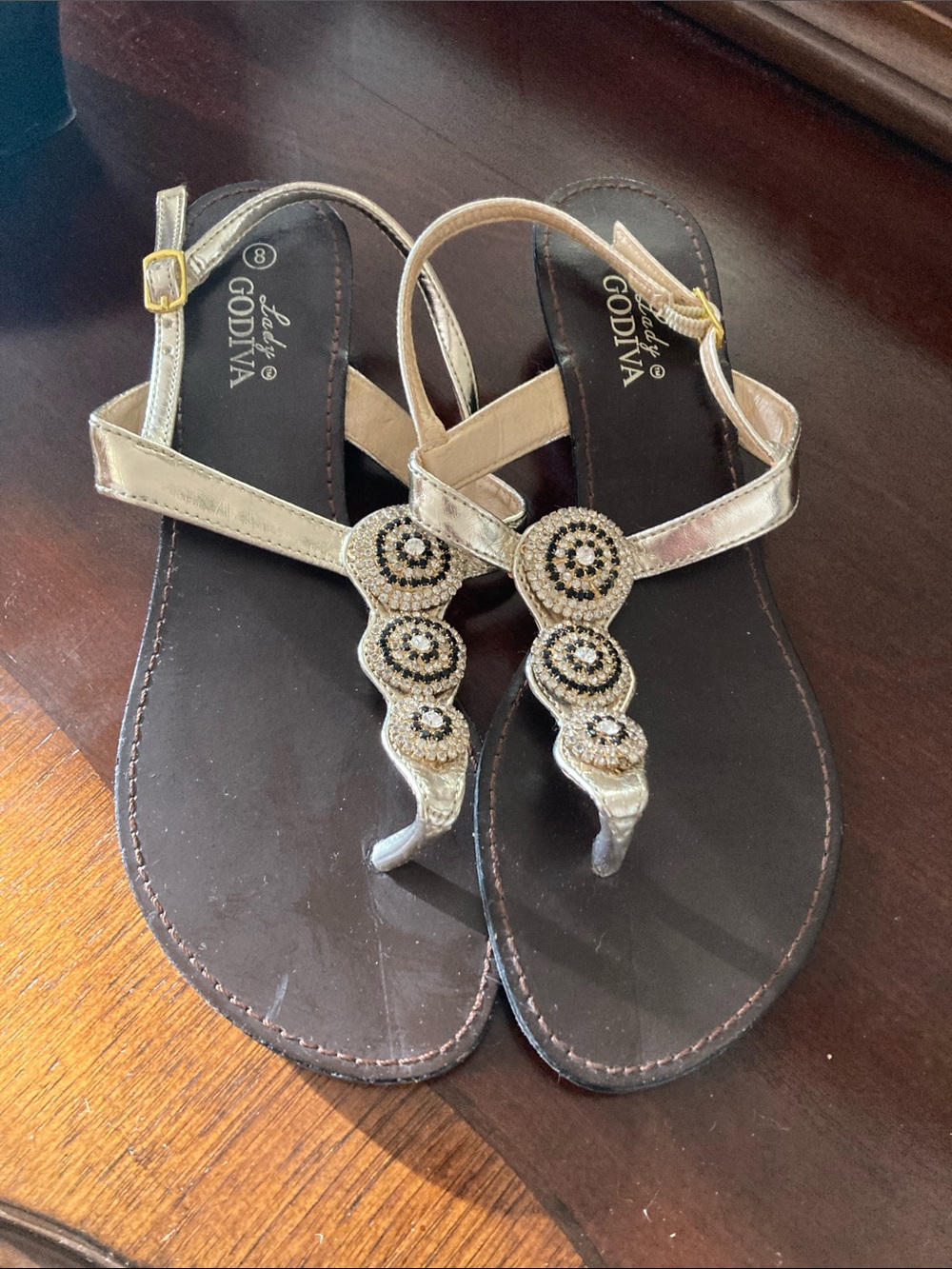 Diva Metallic Gold Beaded T-Strap Sandals - Women